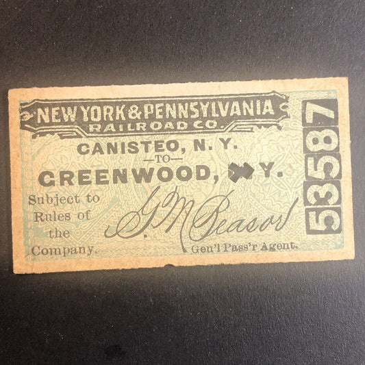 New York & Pennsylvania Railroad July 21 1917 Greenwood, NY Ticket #53587