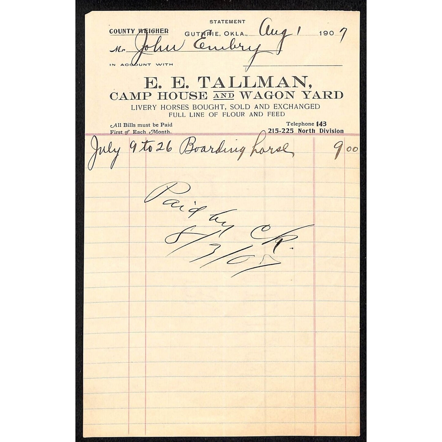 1907 E.E. Tallman Camp House / Wagon Yard Guthrie, OK Indian Territory Billhead
