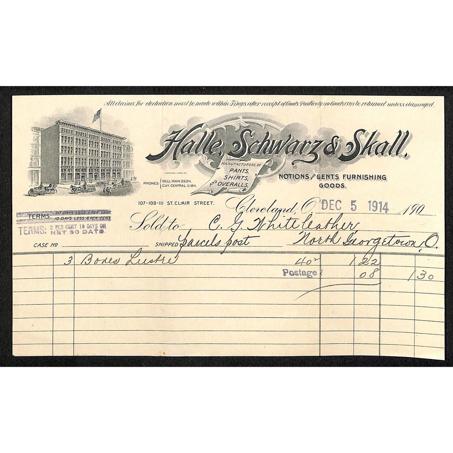 Halle, Schwarz & Skall Cleveland Billhead 1914 Whiteleather* N. Georgetown, OH