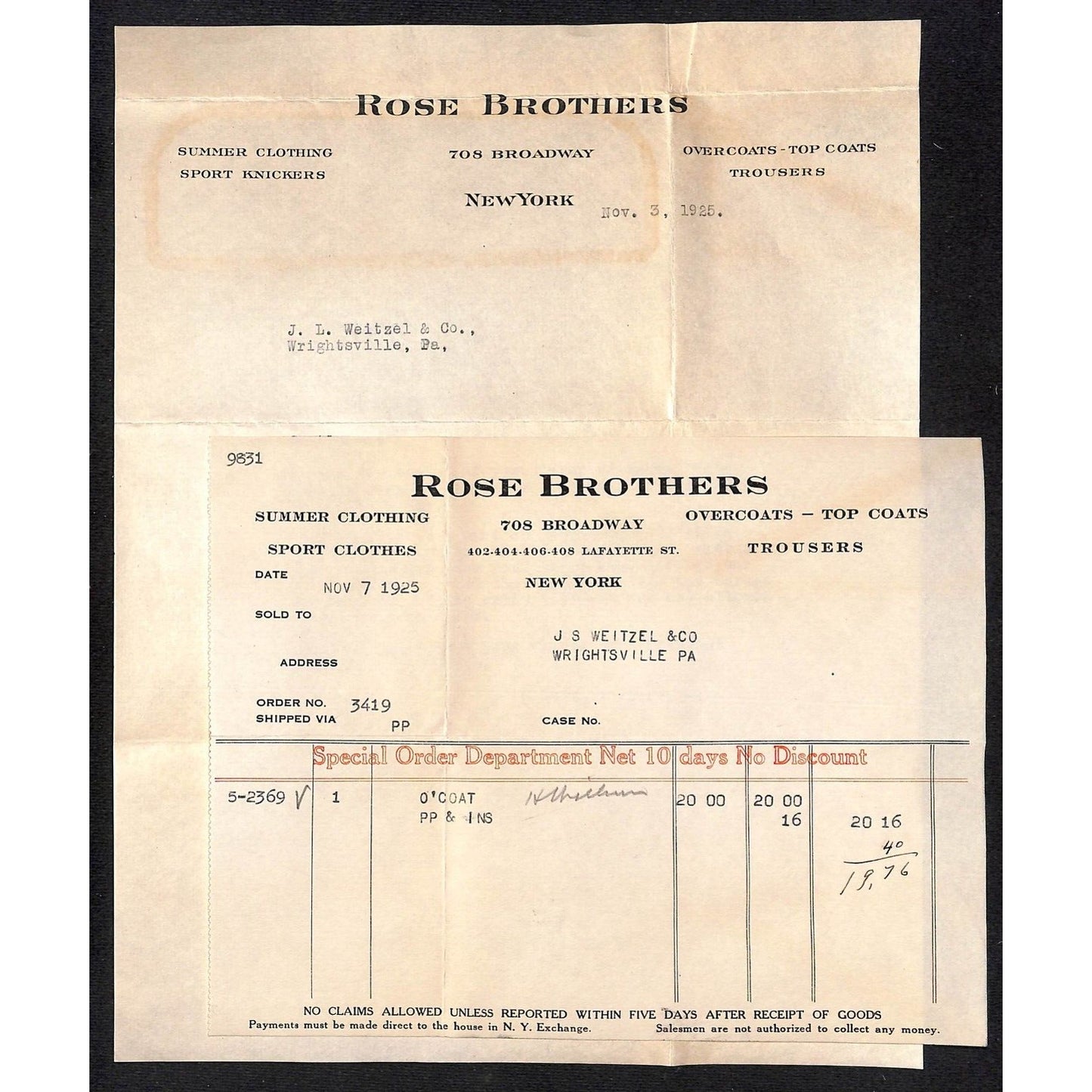 Rose Brothers (Clothes) Broadway NYC 1925 Letterhead Billhead + Cover