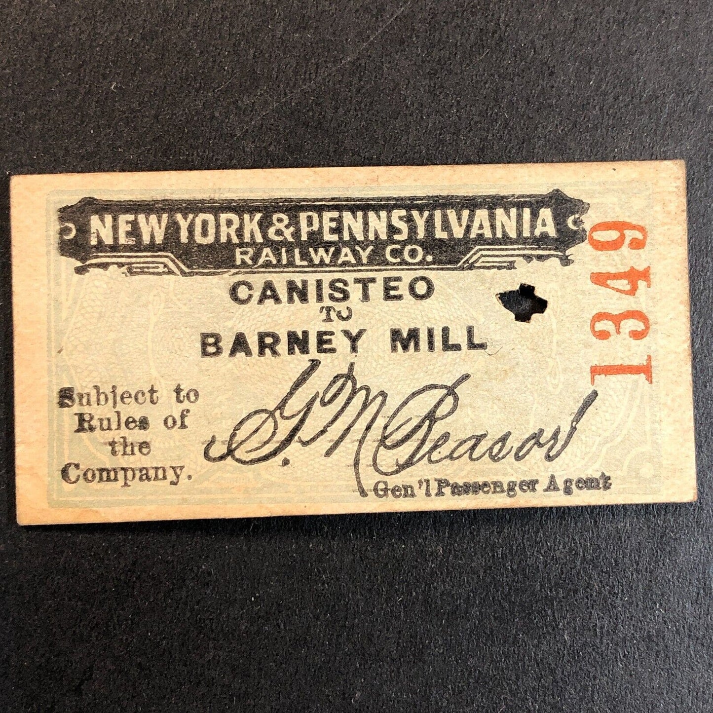 New York & Pennsylvania Railroad July 16 1917 Barney Mill Ticket #1349
