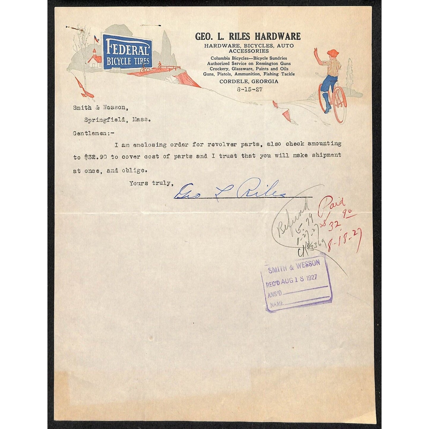 Federal Tires Billboard Art / Geo L. Riles Hardware Cordele, GA 1927 Letterhead