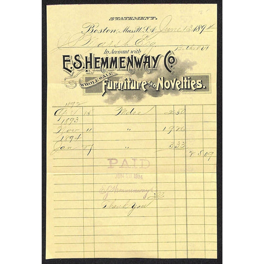 E.S. Hemmenway Furniture Boston 1894 Statement to J.P. Marsh Bethel, VT*