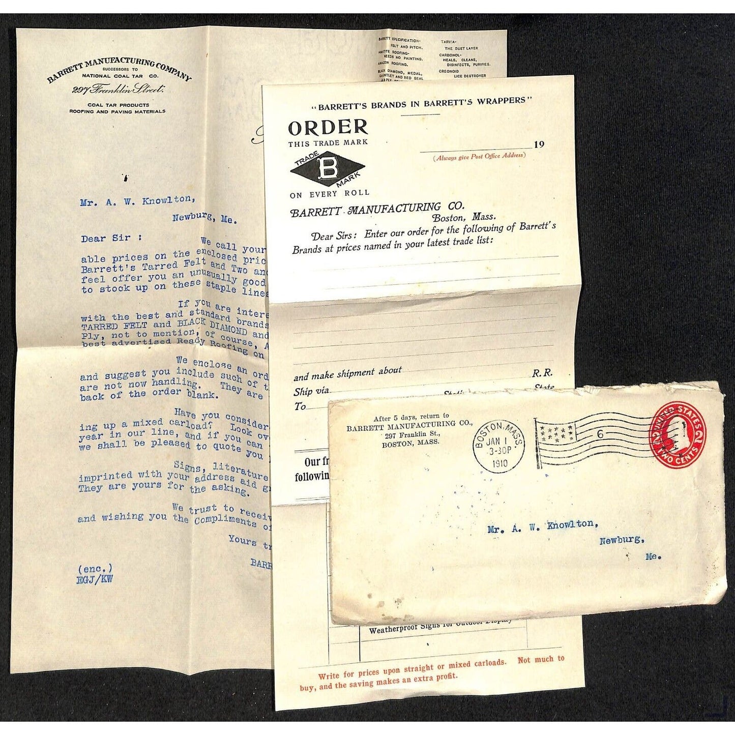 Boston, MA Barrett Manufacturing Roofing 1910 Letterhead & Order Form Knowlton*