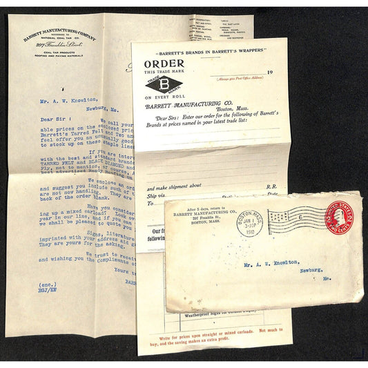 Boston, MA Barrett Manufacturing Roofing 1910 Letterhead & Order Form Knowlton*