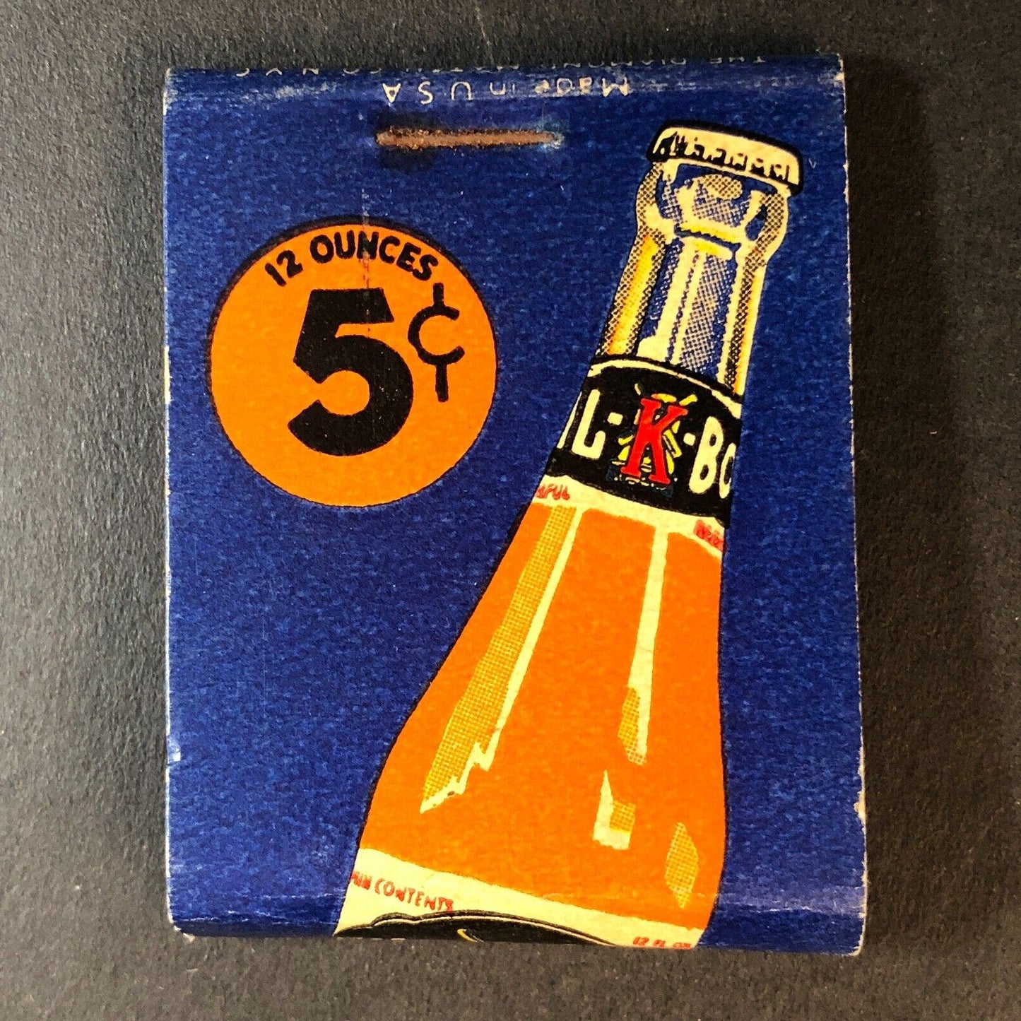 Mil K Botl Orange Soda Drink Half Full (-11) Matchbook c1940's Scarce