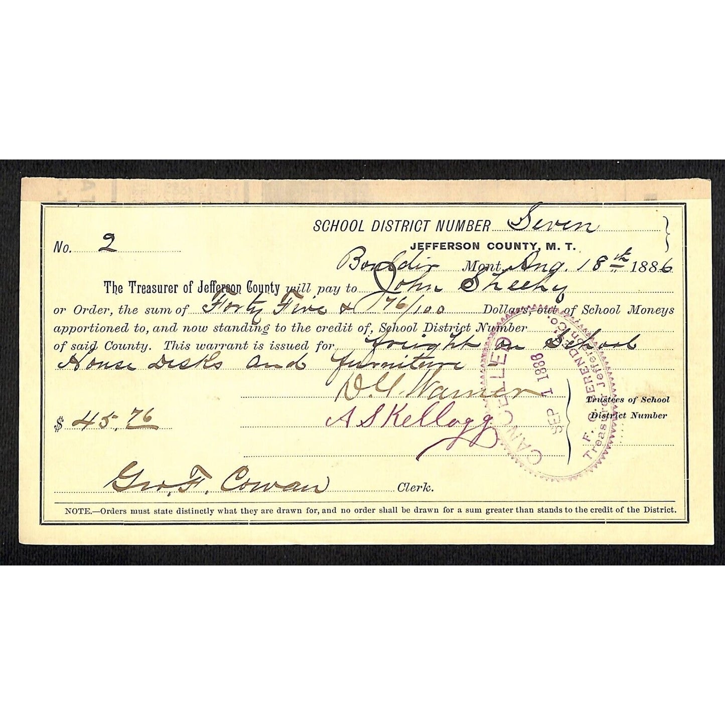 1886 Jefferson County Montana Territory School Warrant Freight Desks Furniture