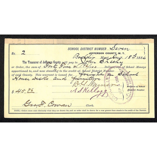 1886 Jefferson County Montana Territory School Warrant Freight Desks Furniture