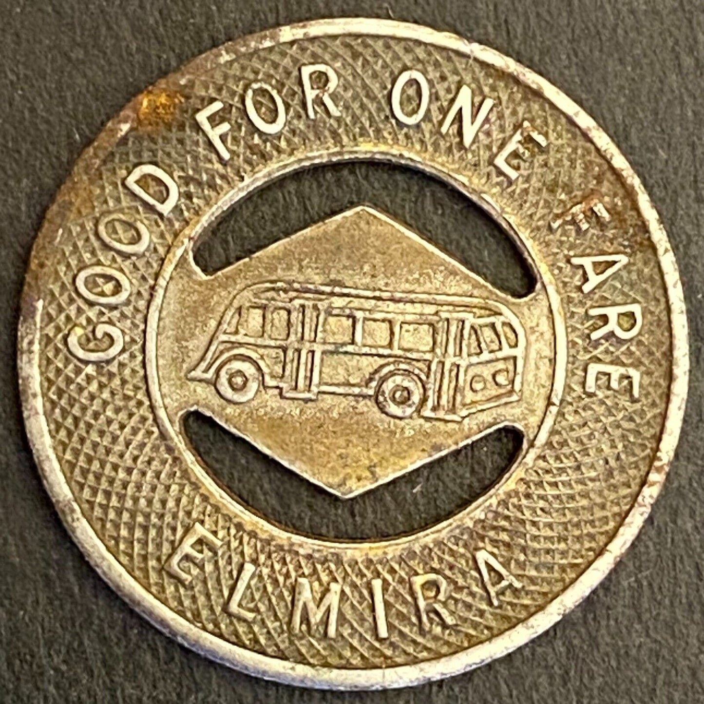 N.Y.S.E. & G. Corp G/F One Fare Elmira Steel Transit Token c1944 21mm (#2)