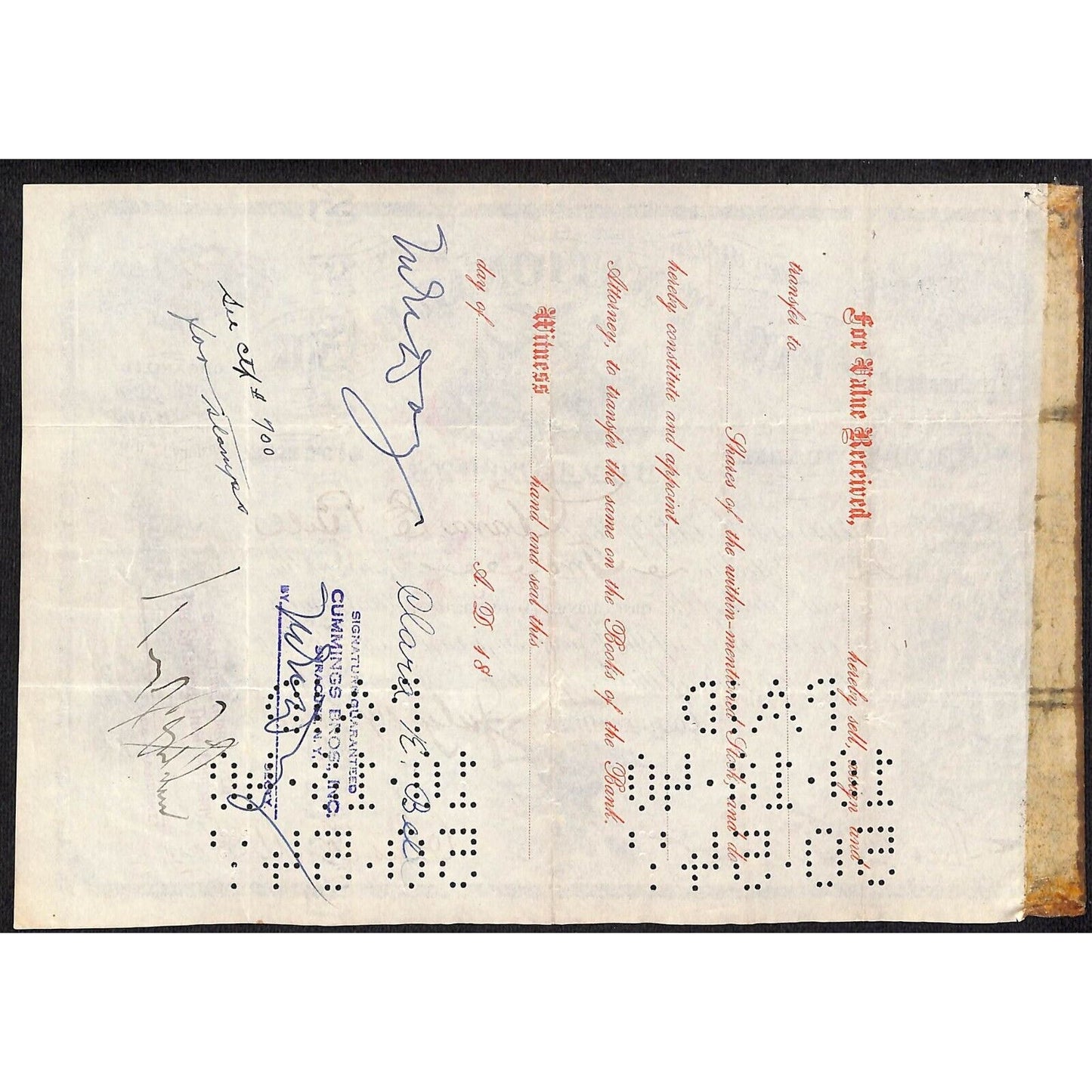 First National Bank of Cooperstown 1900 Stock Certificate to Clara E. Bill