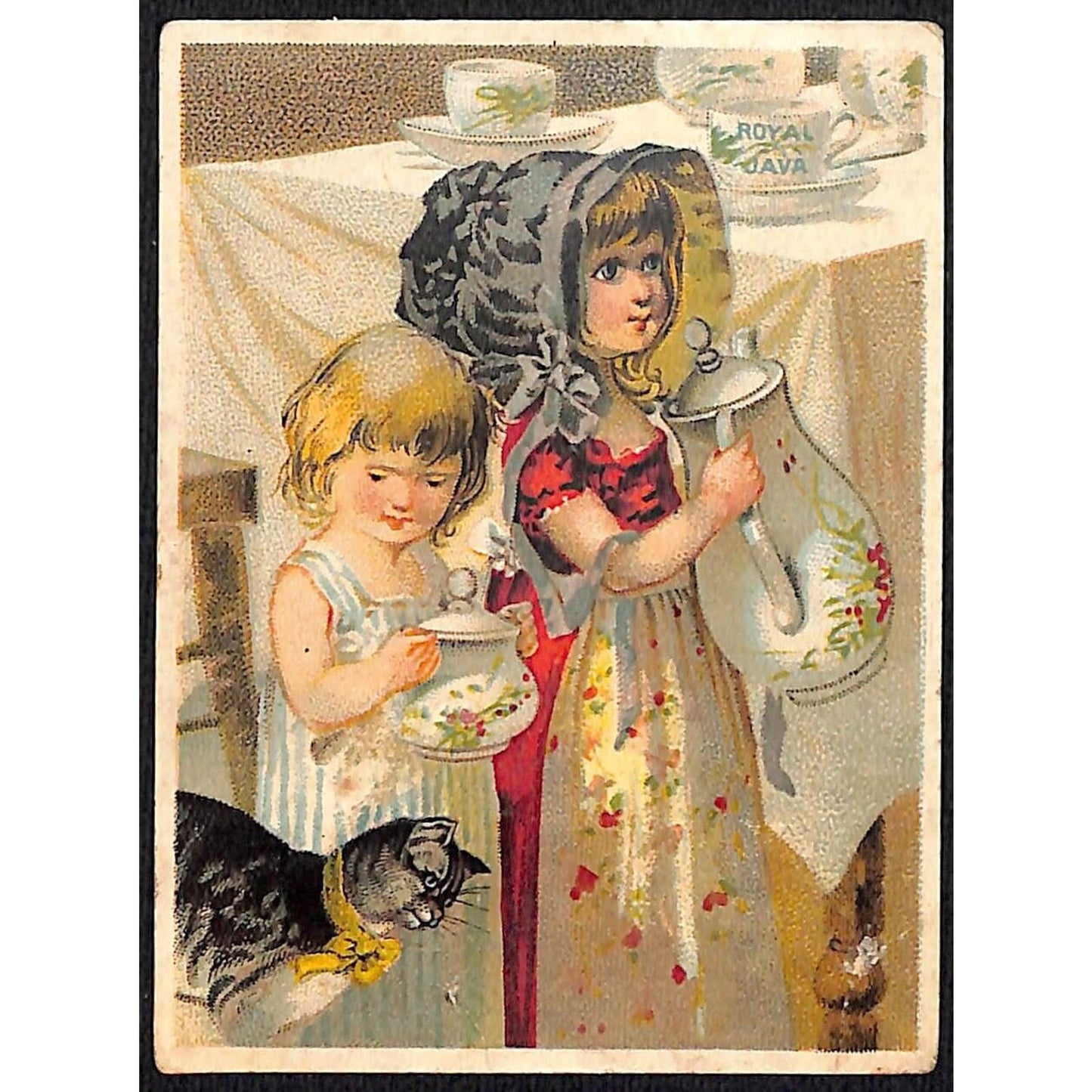 Dwinell, Hayward & Co's Royal Java Coffee Victorian Trade Card Girls Teapot Cat