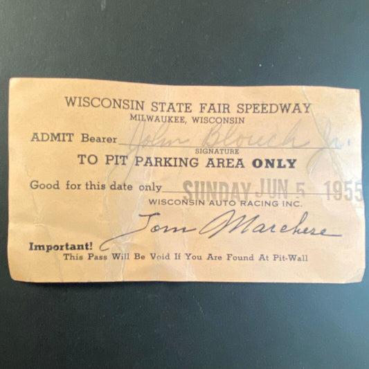 1955 Wisconsin State Fair Speedway Pit Parking Pass "John H. Blouch Jr."