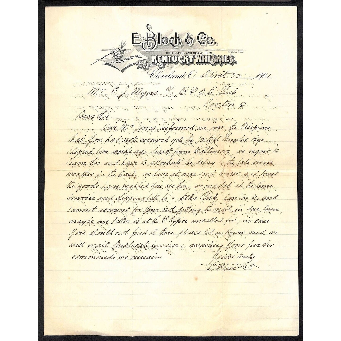 E. Bloch & Co. Kentucky Whiskies Cleveland 1908 Letterhead re: 1/2 Bbl. Rye
