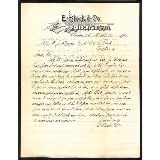 E. Bloch & Co. Kentucky Whiskies Cleveland 1908 Letterhead re: 1/2 Bbl. Rye