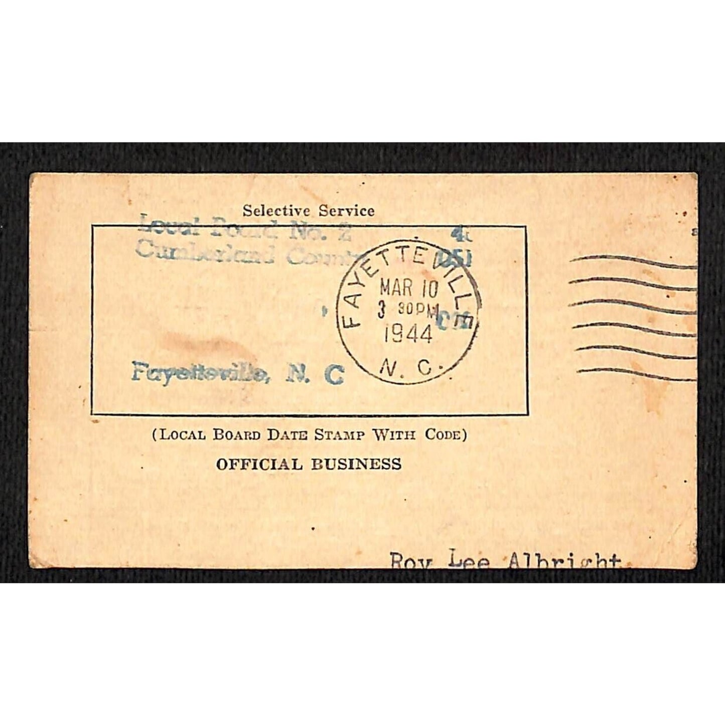 1944 WWII Draft "Notice of Classification" Return Card Fayetteville, NC