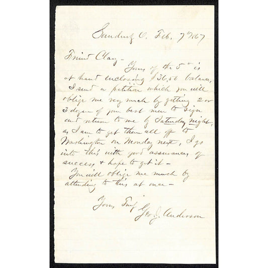 Geo. J Anderson Sandusky, OH 1867 ALS re: "Get 2-3 Dozen Men to Sign Petition.."