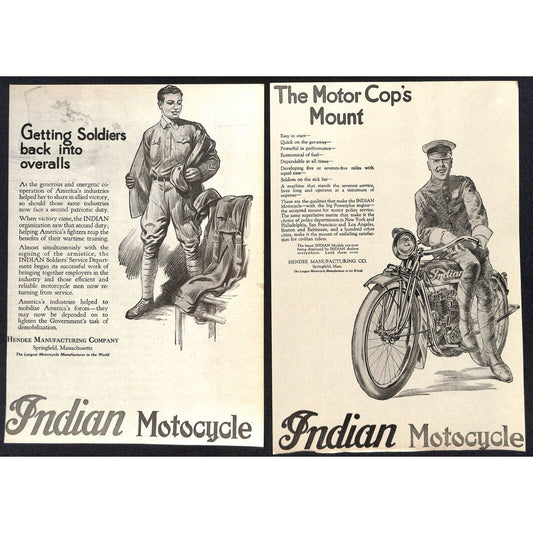Indian Motorcycle Pair of WWI Era Magazine Ads