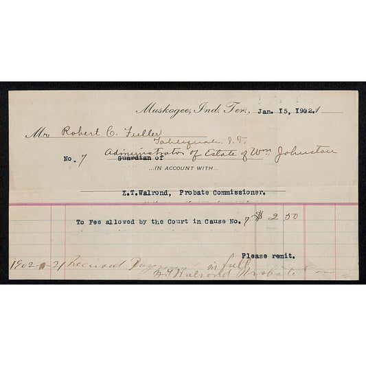 1902 Z.T. Walrond Probate Commissioner Muskogee OK Indian Territory Billhead