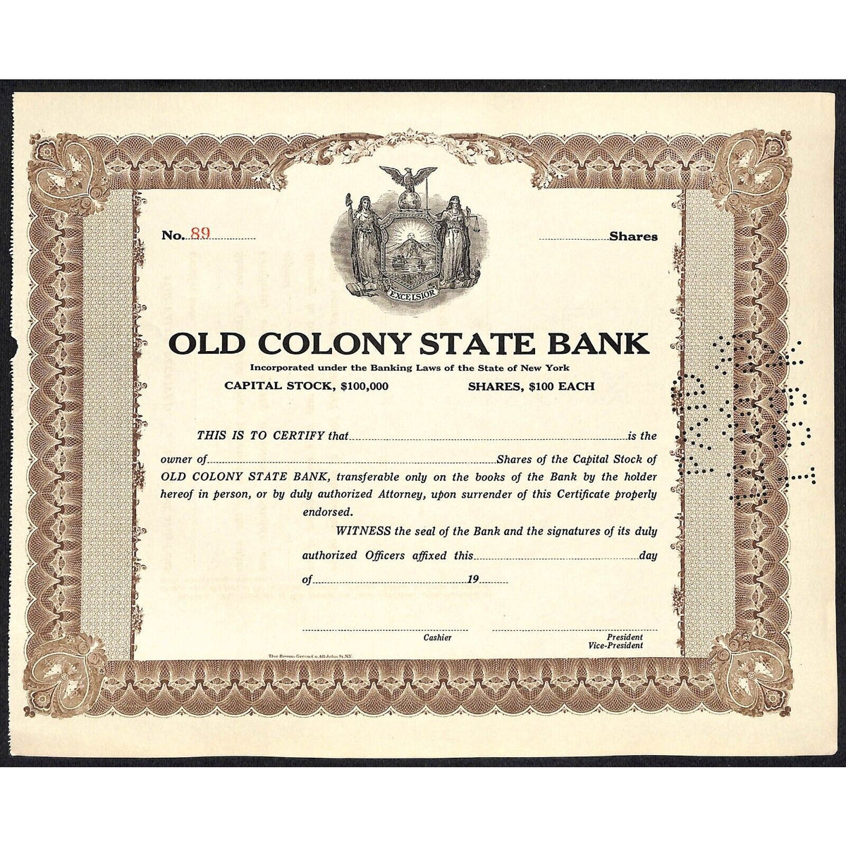Old Colony State Bank NY c1925 (1928 Cancel) Stock Certificate Unissued #89 VGC