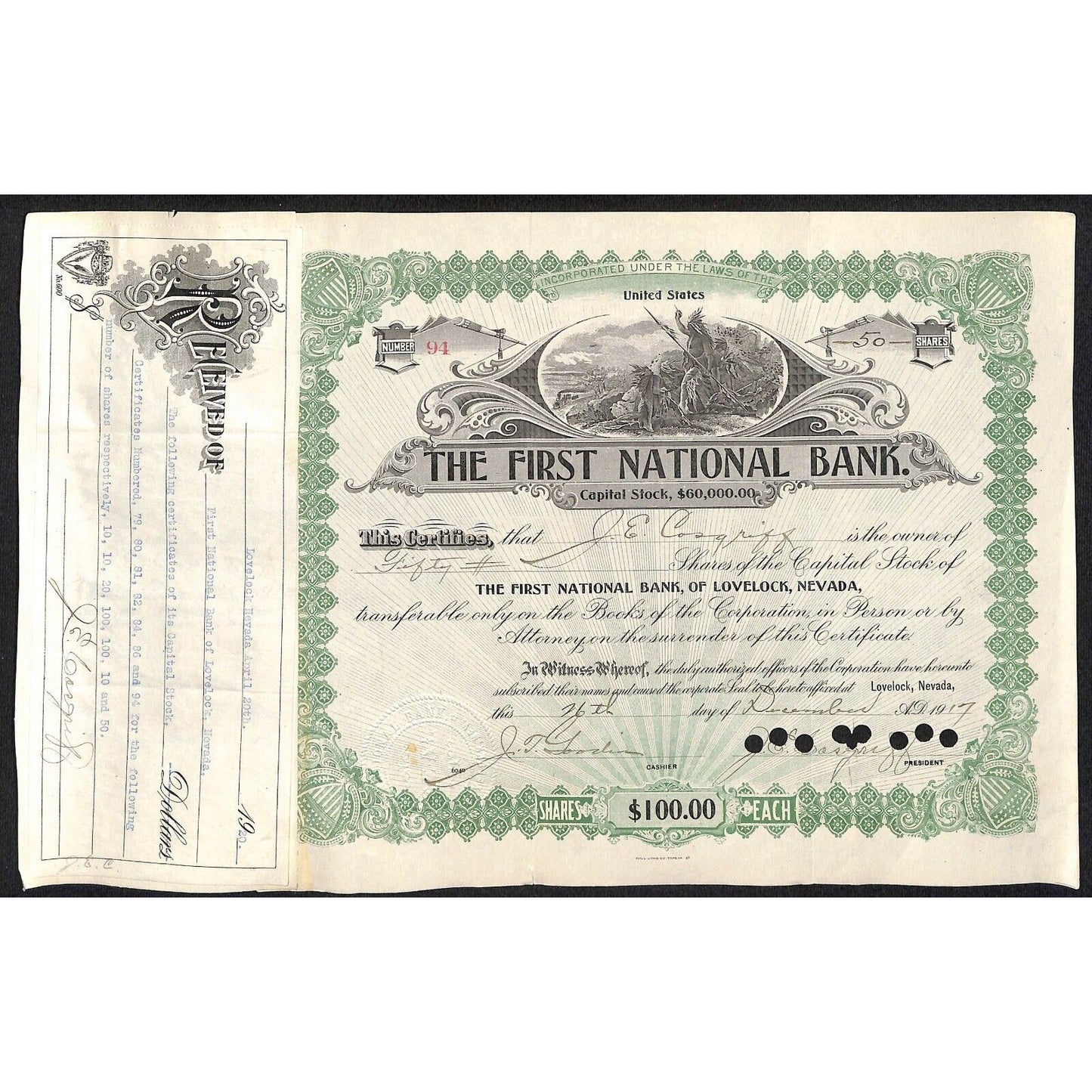 First National Bank of Lovelock, NV 1917 Stock Certificate to J.E. Cosgriff *