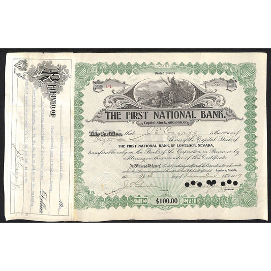 First National Bank of Lovelock, NV 1917 Stock Certificate to J.E. Cosgriff *