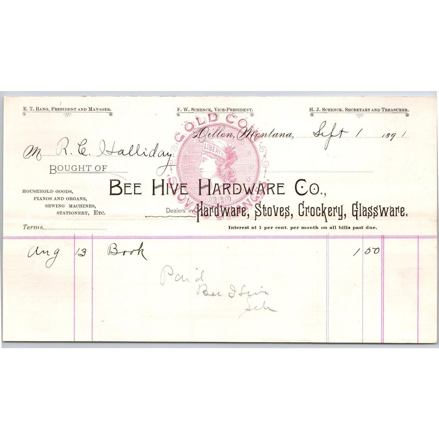 Dillon, MT Bee Hive Hardware Co. 1891 Billhead Gold Coin Stoves R.C. Halliday*