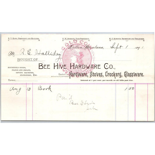 Dillon, MT Bee Hive Hardware Co. 1891 Billhead Gold Coin Stoves R.C. Halliday*