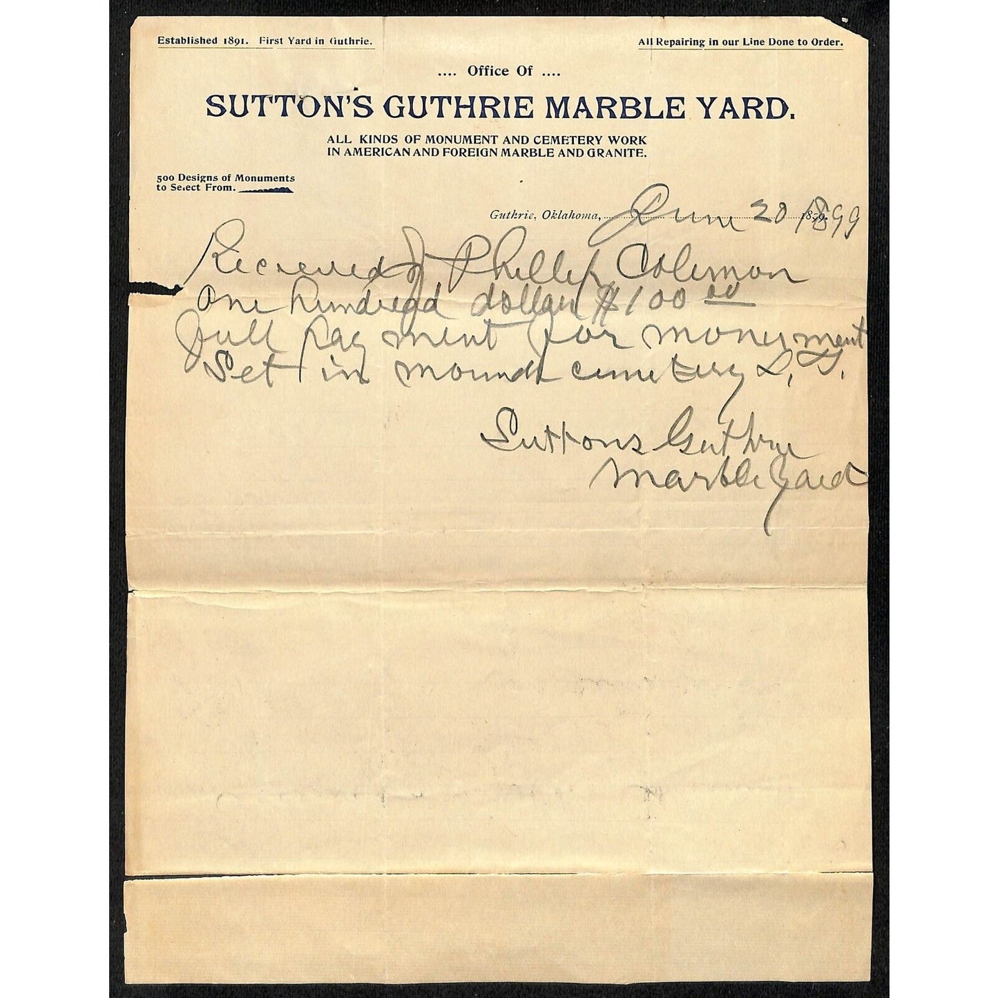 1899 Sutton's Guthrie Marble Yard OK Indian Territory Letterhead