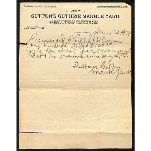 1899 Sutton's Guthrie Marble Yard OK Indian Territory Letterhead