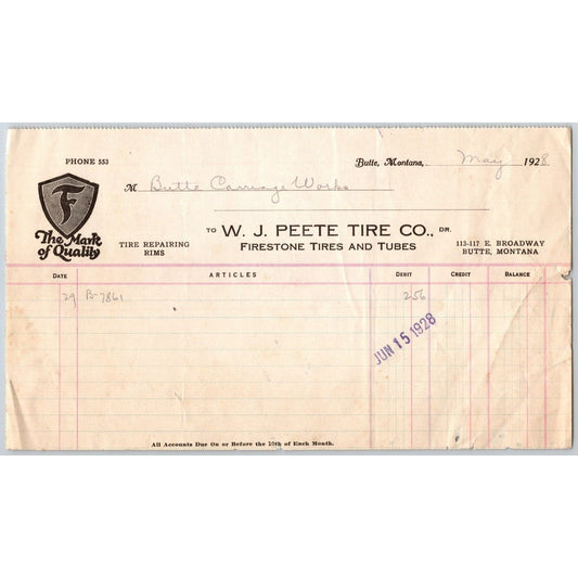 Butte, MT W.J. Peete Tire Co. Firestone 1928 Billhead to Butte Carriage Works