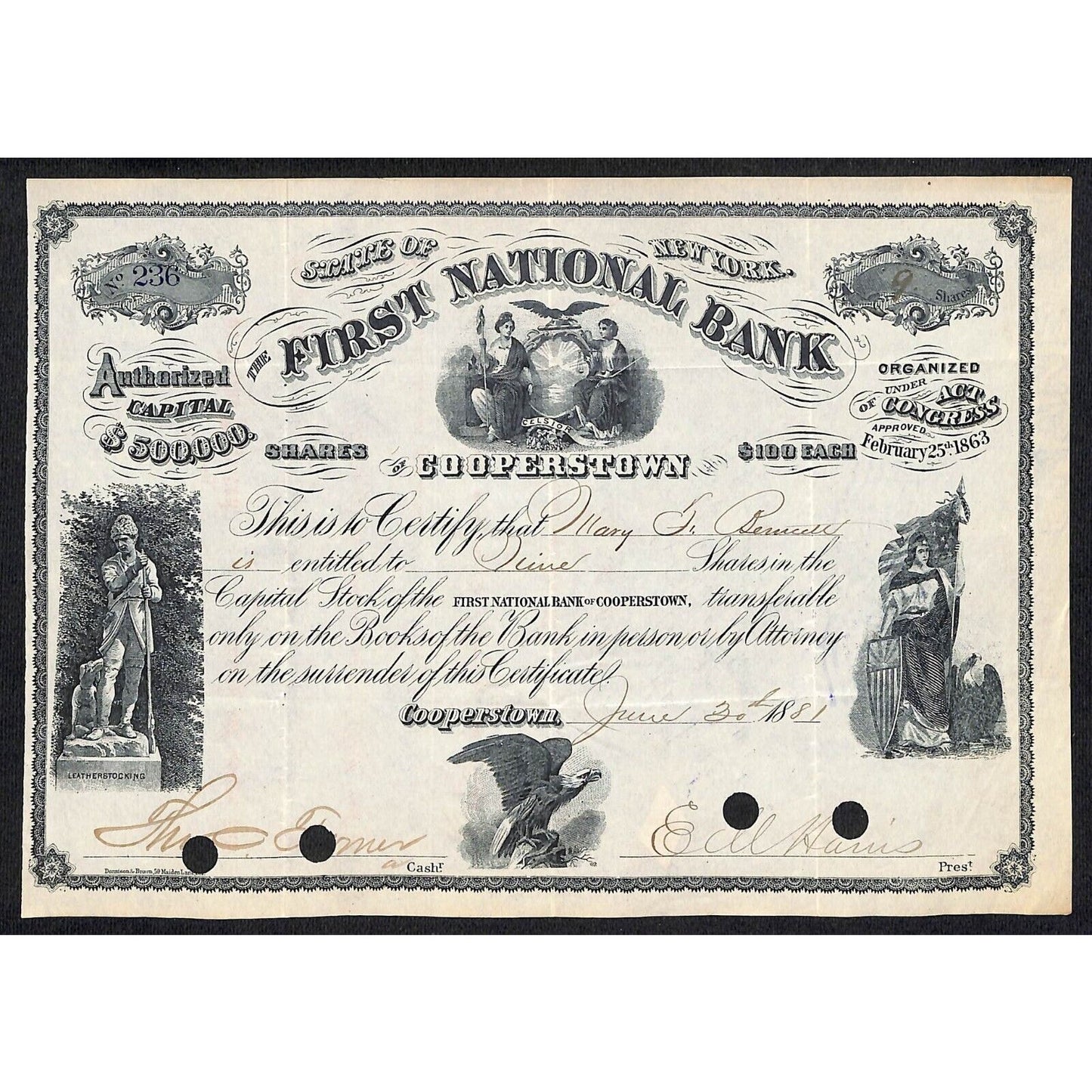 First National Bank of Cooperstown 1881 Stock Certificate Mary H. Bennett