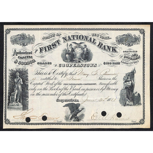 First National Bank of Cooperstown 1881 Stock Certificate Mary H. Bennett