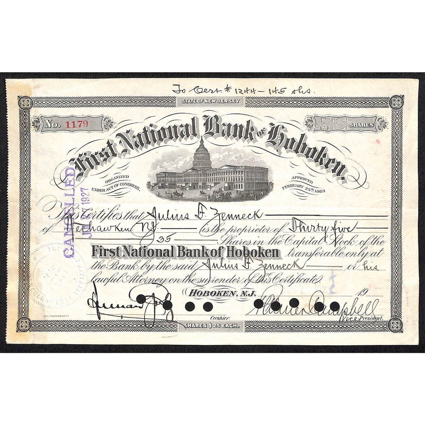 First National Bank of Hoboken NJ 1929 Stock Certificate Julius Zenneck