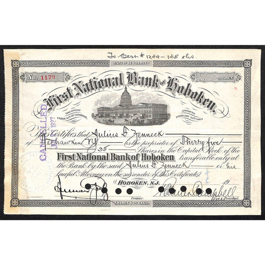 First National Bank of Hoboken NJ 1929 Stock Certificate Julius Zenneck