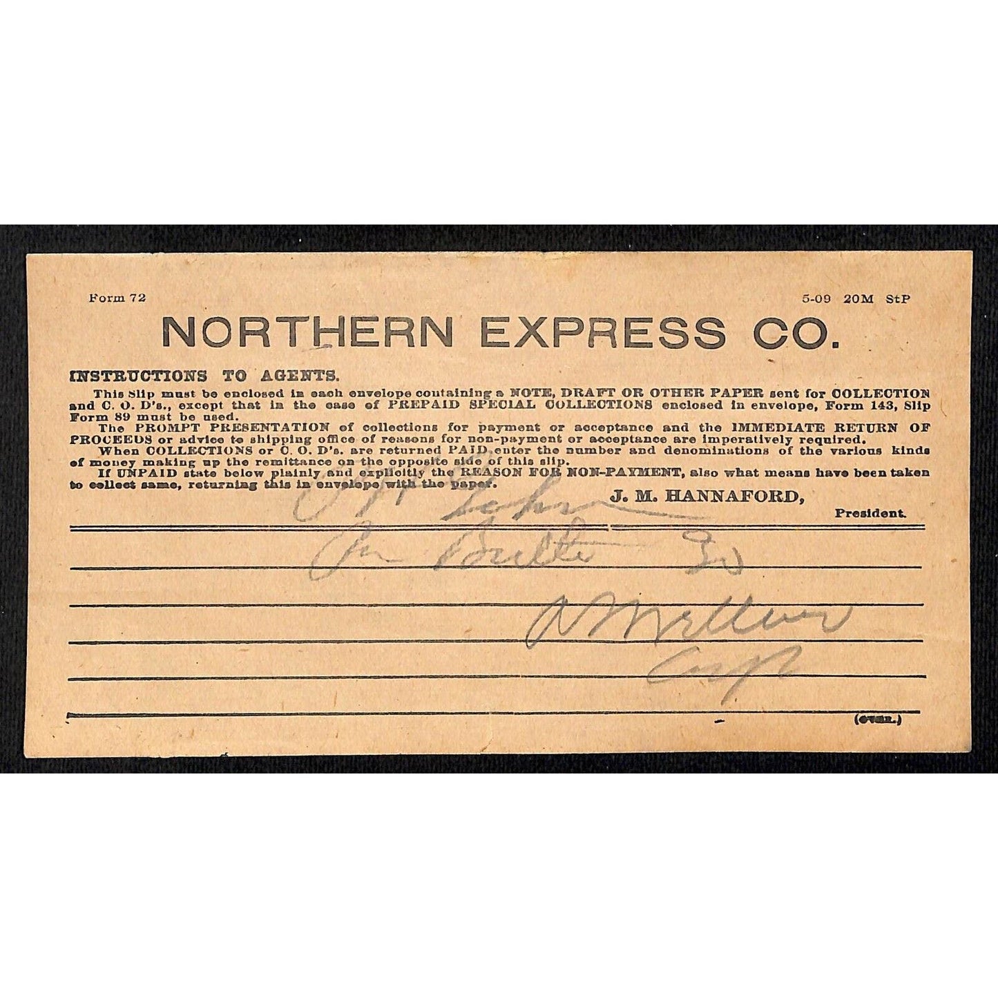 Northern Express Co. 19xx 1900-1909 Memorandum of Returns Denominations Form