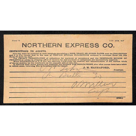 Northern Express Co. 19xx 1900-1909 Memorandum of Returns Denominations Form