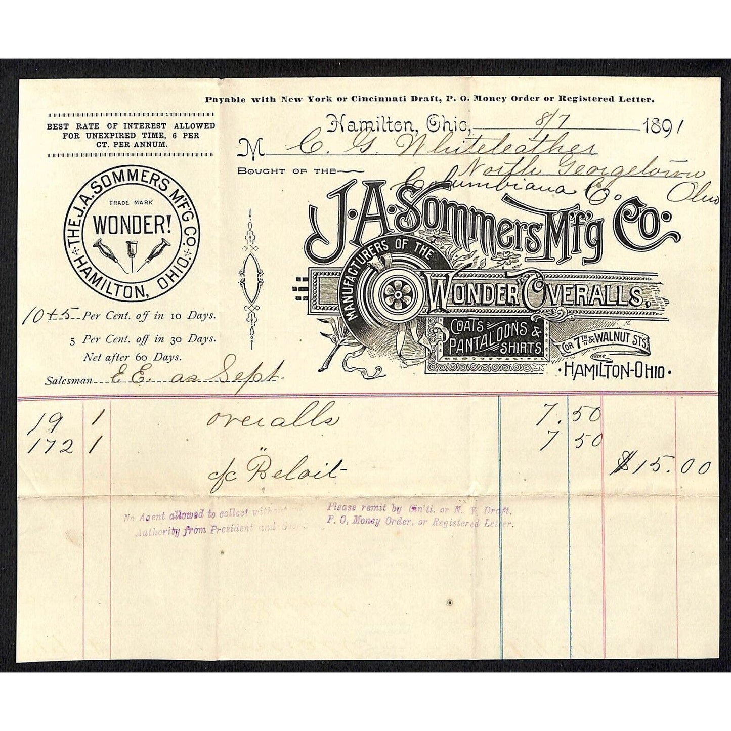 J.A. Sommers Mfg. Hamilton, OH 1891 Billhead Whiteleather* N. Georgetown, OH