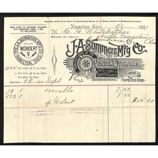 J.A. Sommers Mfg. Hamilton, OH 1891 Billhead Whiteleather* N. Georgetown, OH
