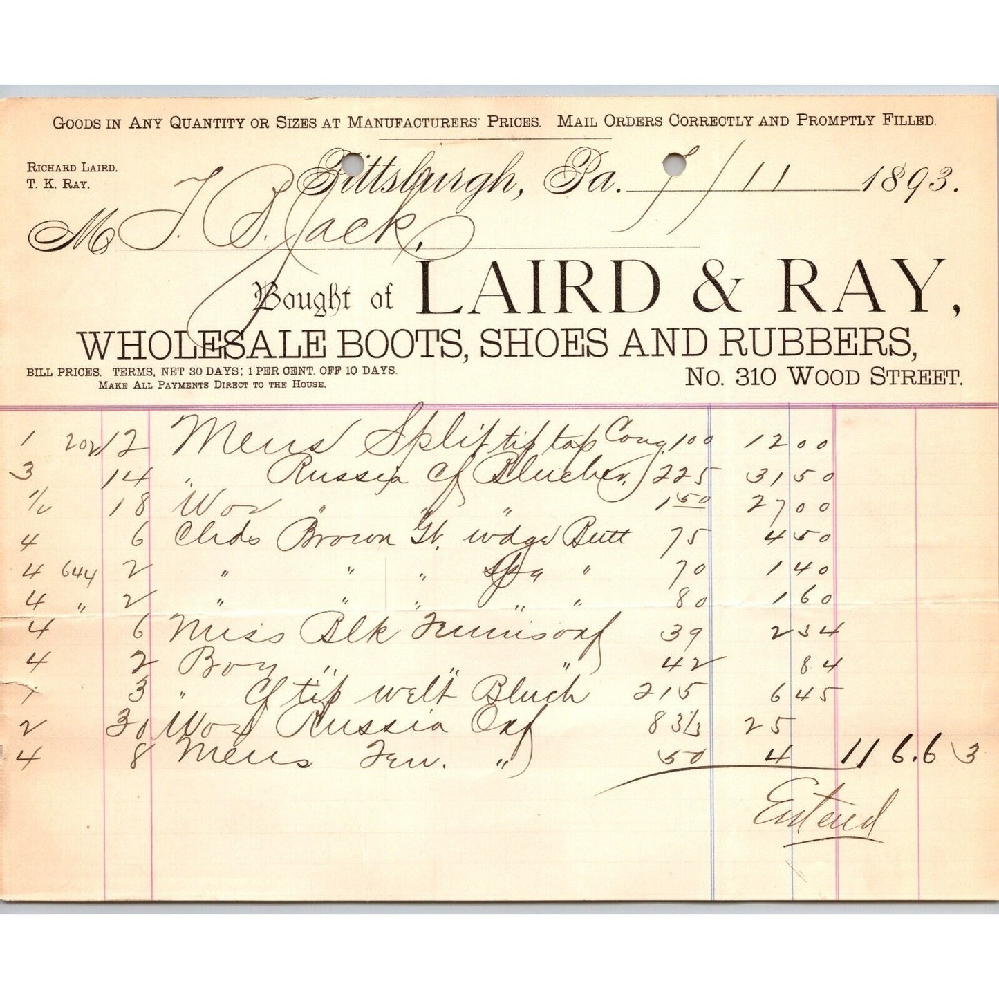 Laird & Ray Boots Shoes Rubbers Pittsburgh 1893 Billhead VGC Scarce
