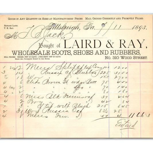 Laird & Ray Boots Shoes Rubbers Pittsburgh 1893 Billhead VGC Scarce