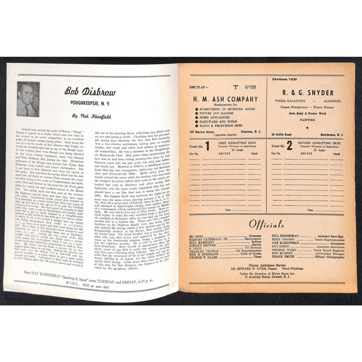 Hinchliffe Stadium Midget Auto Races 7/22 1947 Program Bob Disbrow 4pp VGC