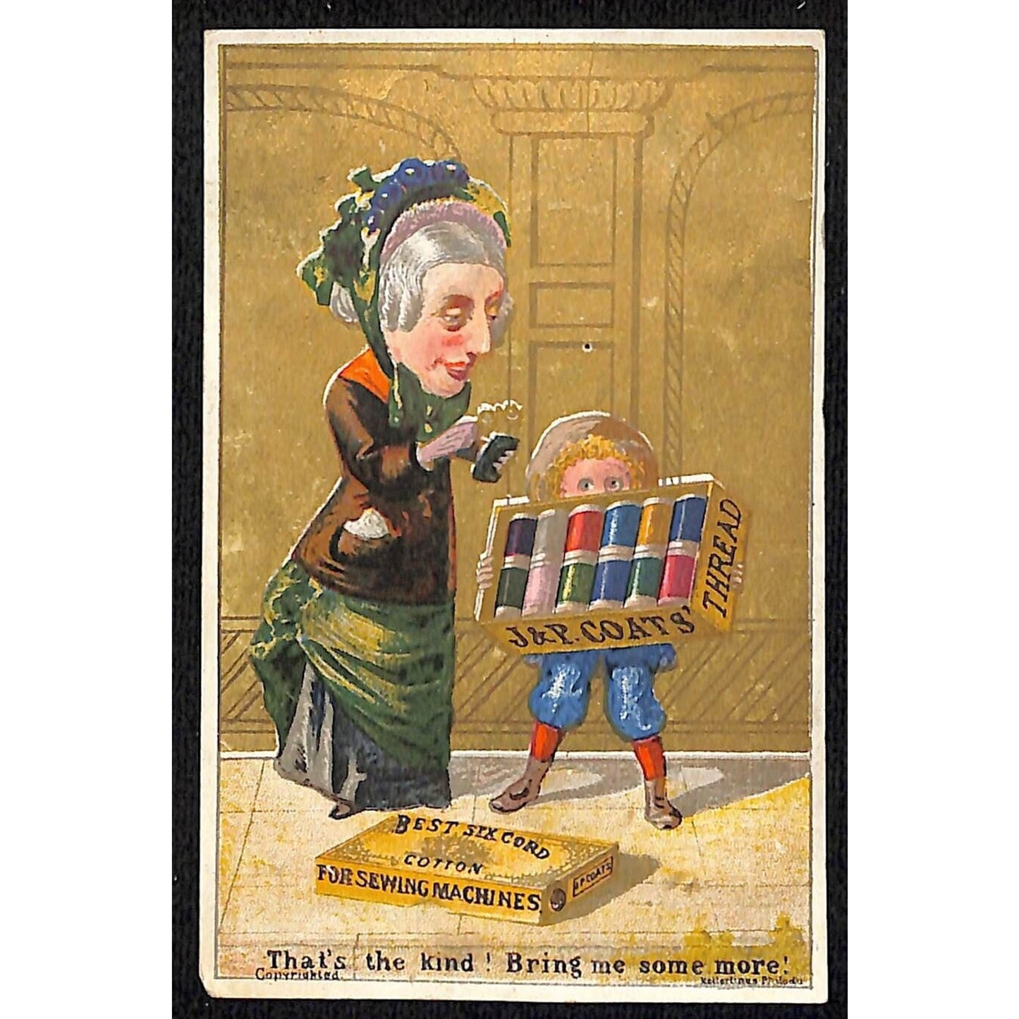 J & P Coats' Thread Victorian Trade Card - Woman Checks Samples that Kid Holds
