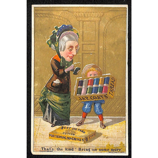 J & P Coats' Thread Victorian Trade Card - Woman Checks Samples that Kid Holds