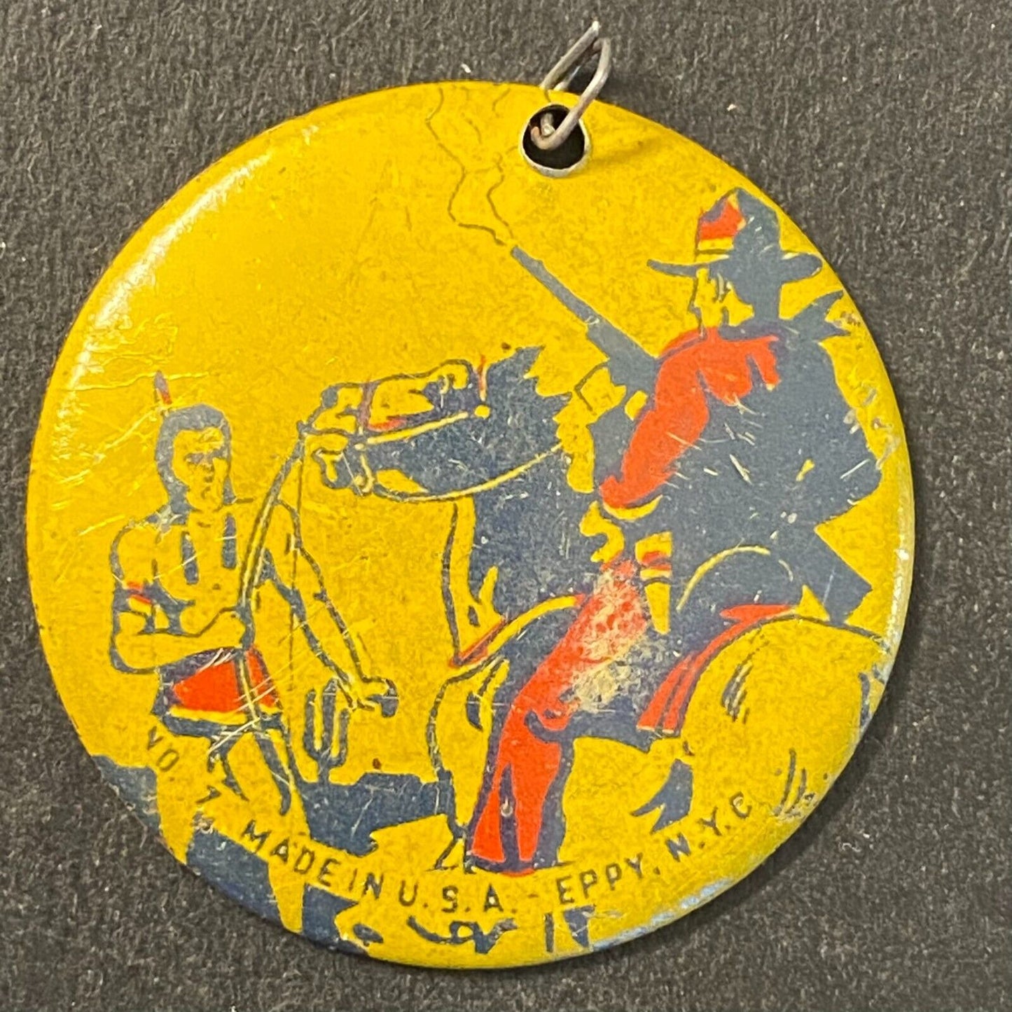 Native American / Ranger? Litho 1" Steel Pinback Pendant c1940's EPPY NYC Scarce