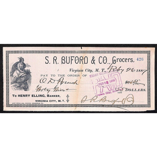 1889 Henry Elling Virginia City Montana Territory S.R. Buford Grocers Check #426