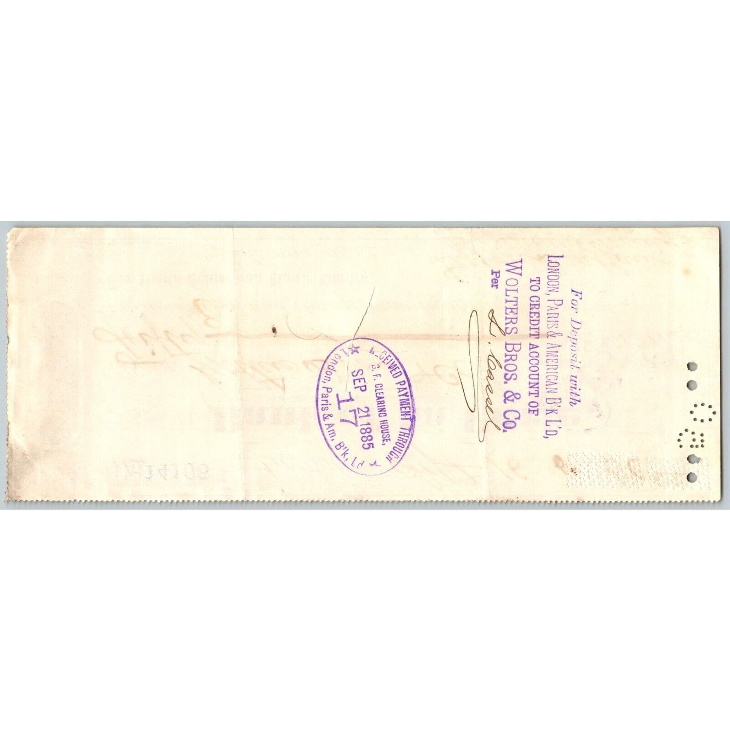 Bank of La Porte Check Wolters Bros. & Co. (Whiskey) 1886 Mining Vignette #14160