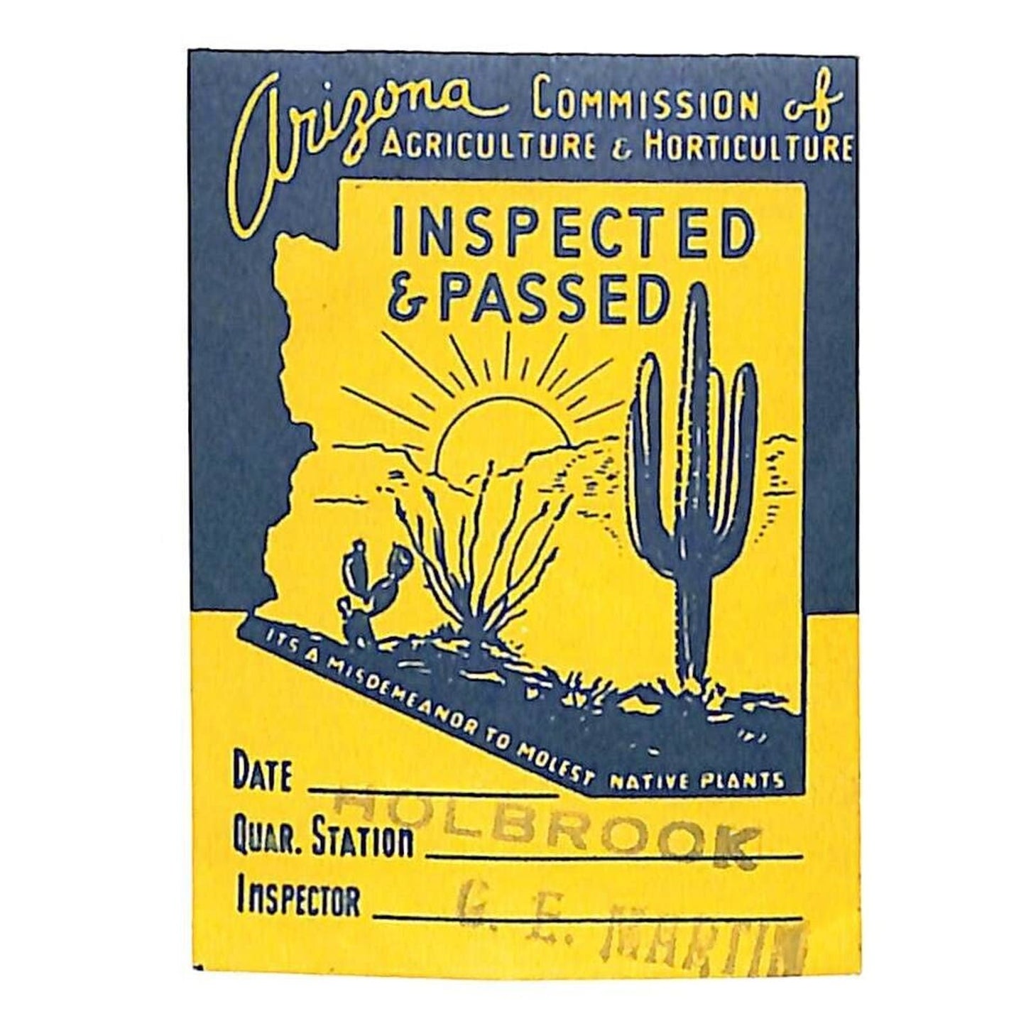 Arizona Agriculture & Horticulture "Inspected & Passed" Label Cactus c1940 VGC