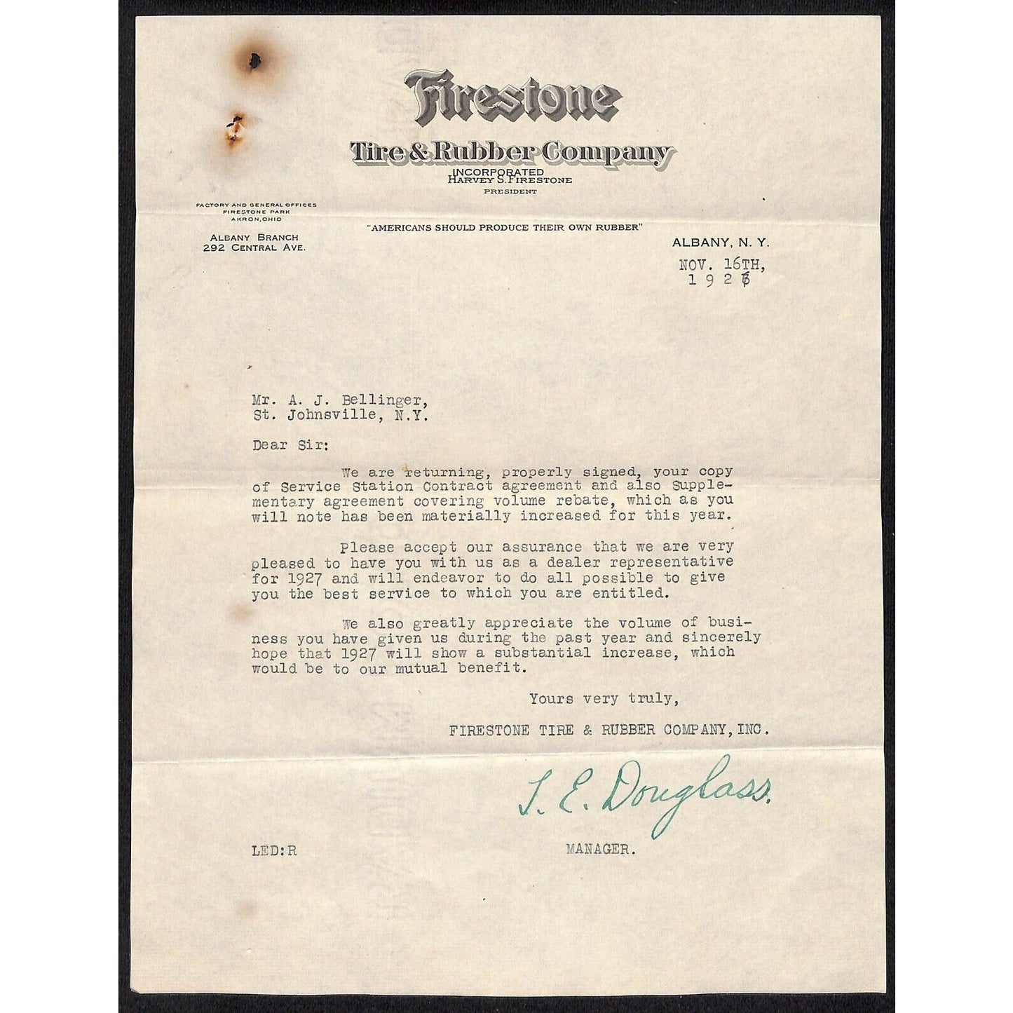 Firestone Tire & Rubber Co. Albany, NY 1926 TLS Letterhead re: Service Station