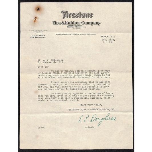 Firestone Tire & Rubber Co. Albany, NY 1926 TLS Letterhead re: Service Station