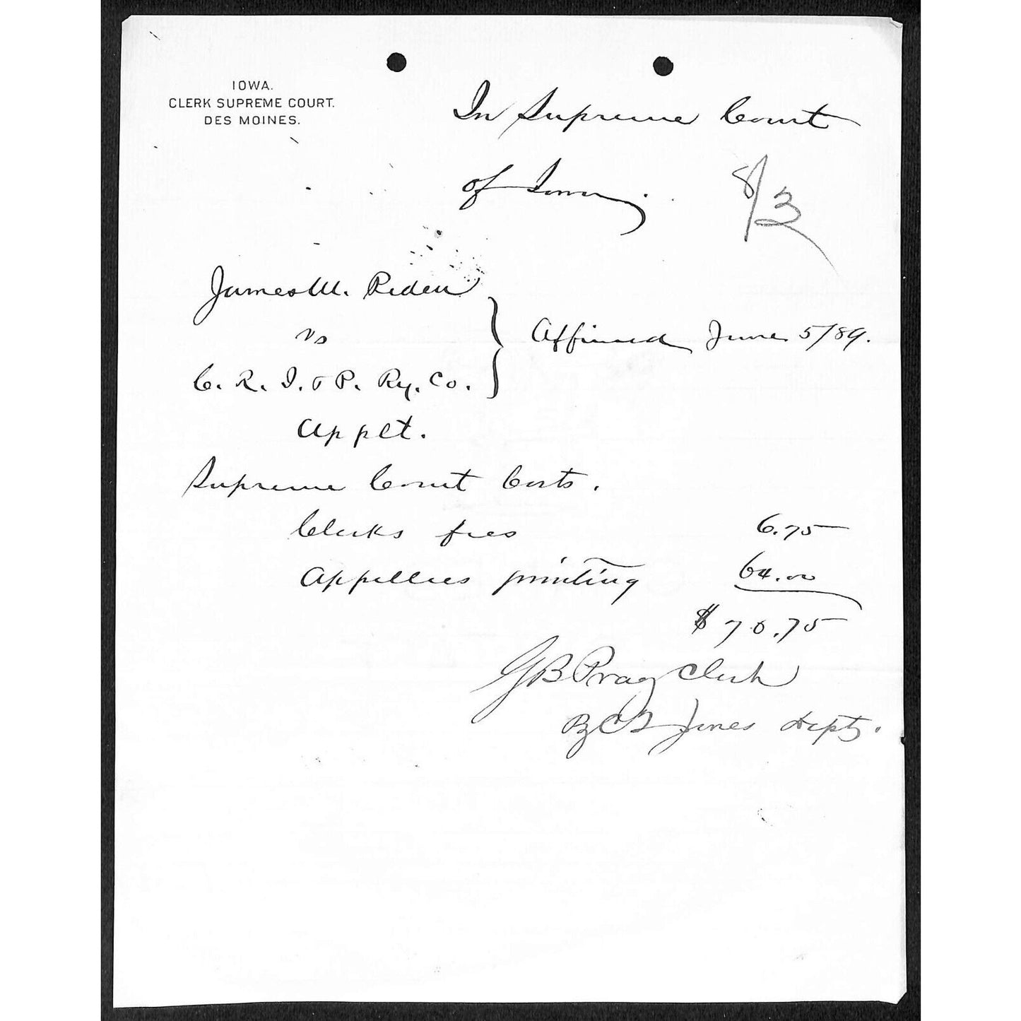 Iowa Supreme Court Des Monies 1889 Letterhead re: Case vs. CRI&P Ry